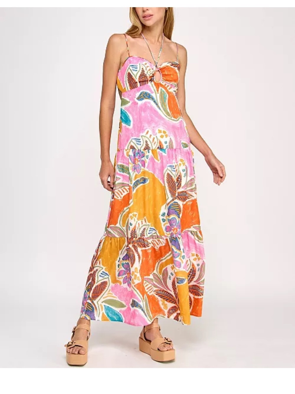 Bright Pink & Orange Floral Ring-Front Maxi Dress with Spaghetti Straps